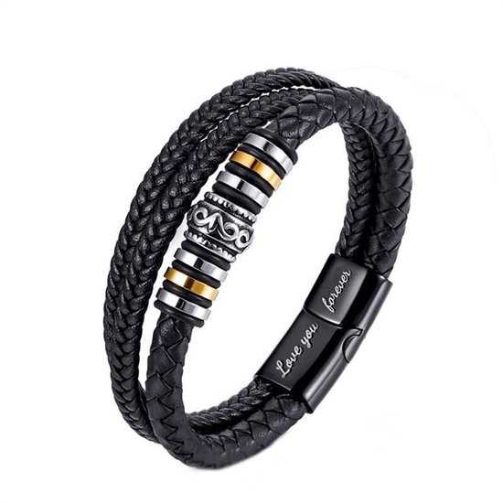 Heren Armband - 21 cm - Zwart Leer en RVS - Cadeau voor Man - Armbandjes Mannen