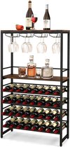 Wijnrek voor 32 wijnflessen en 16 glazen, flessenrek vrijstaand, barkast, industrieel, metalen frame, ideaal voor keuken, bar en eetkamer, 80 x 30 x 140 cm