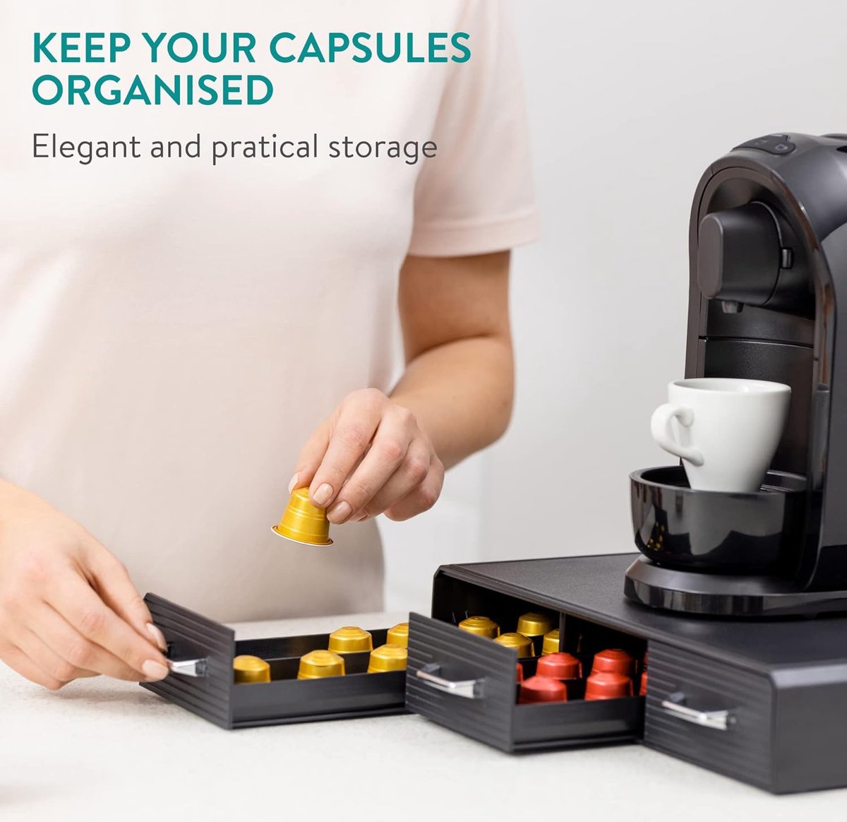 Navaris koffiecups houder met 3 lades - Capsulehouder voor tot 48 koffie cups - Compatibel met Nespresso cups en andere standaard capsules - Wit