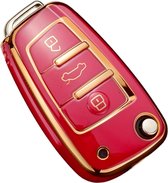 Zachte TPU Sleutelcover - Sleutelhoesje Geschikt voor Audi A1 / A3 / A5 / A6 / Q3 / Q5 / S3 / S5 / RS - Rood & Goud Metallic - Sleutel Hoesje Cover - Auto Accessoires