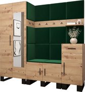 Garderobekast met spiegel Ganggarderobe Compacte garderobe Vestibule Wandkast Plank Hal & Gang Kast Schoenenkast Gestoffeerde panelen en met een kussen - (BxHxD): 200x196x45,6 cm - ERNETST 13 - Artisan (Groen (Manilla 35))