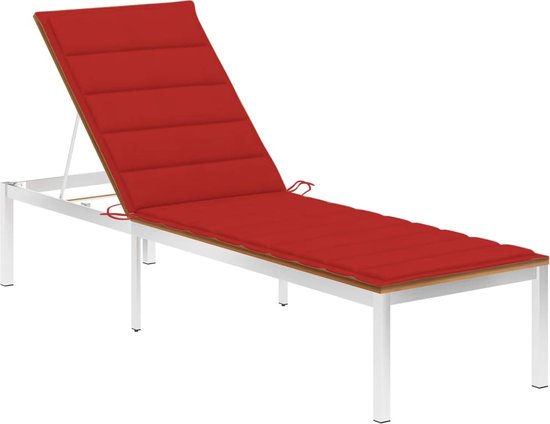 The Living Store Ligbed Hout - 200x60cm - Verstelbare rugleuning - Rood kussen