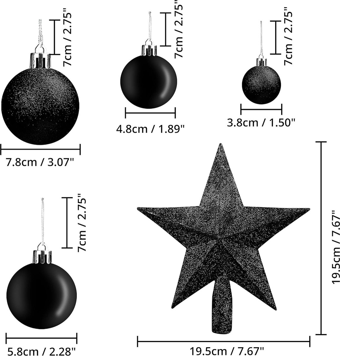 50 stuks zwarte kerstballen met ster glanzende dennenbal in