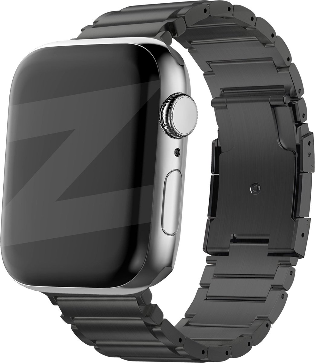 Bandz titanium schakel band geschikt voor Apple Watch 1/2/3/4/5/6/8/9/10/11/SE(2-3)/Ultra(2-3) - maat: 44mm / 45mm / 46mm / 49mm - Hoogwaardig titanium materiaal - Makkelijk in te korten met de meegeleverde toolkit - zwart titanium Apple Watch bandje