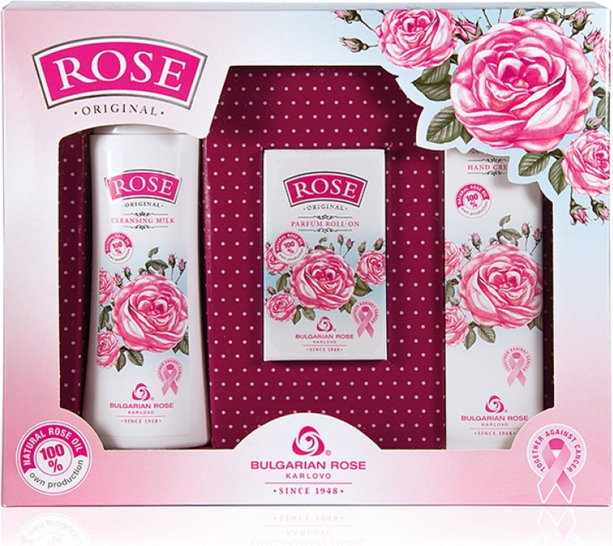 Rose Original Gift set | Cadeauset - reinigingsmelk + handcrème + parfum roll-on | Cadeau voor Valentijn | Rozen cosmetica met 100% natuurlijke Bulgaarse rozenolie en rozenwater