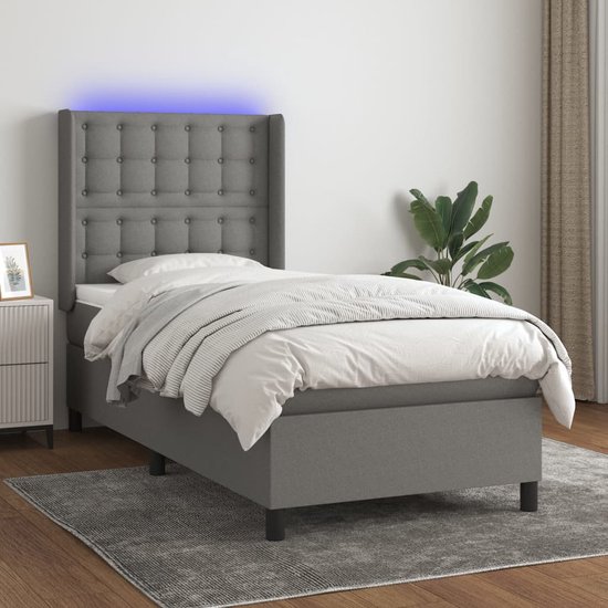 The Living Store Boxspring Bed - donkergrijs - 203 x 103 x 118/128 cm - LED-verlichting - pocketvering matras - huidvriendelijk topmatras - montagehandleiding inbegrepen - USB-aansluiting