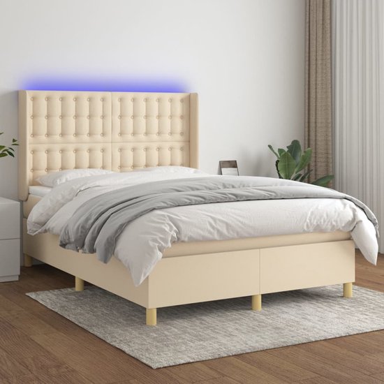 The Living Store Boxspring Bed - Crème - 203 x 147 x 118/128 cm - Verstelbaar hoofdbord - LED-verlichting - Pocketvering matras - Huidvriendelijk topmatras - Inclusief montagehandleiding