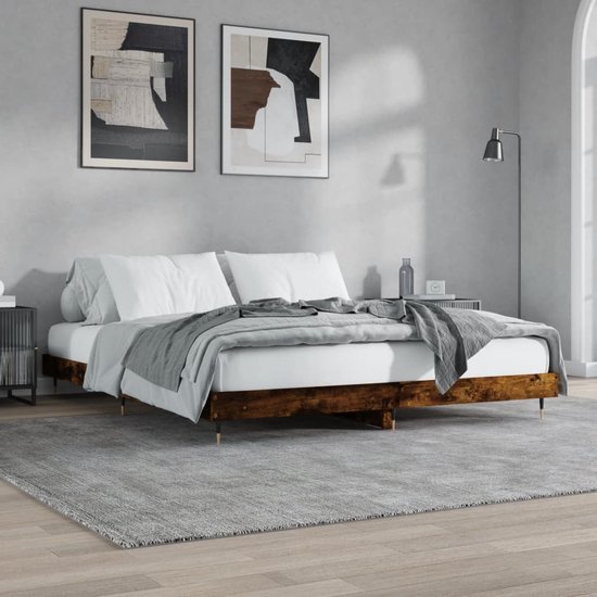 The Living Store Bedframe - Gerookt eiken - Bewerkt hout/metaal - 160 x 200 cm - Montage vereist
