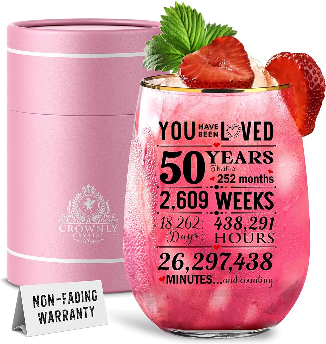 Cadeau 50e verjaardag - Glas voor gin/drank met geschenkdoos - 50 jaar verjaardagscadeau - Grappige cadeaus voor vrouwen/dames - Roze