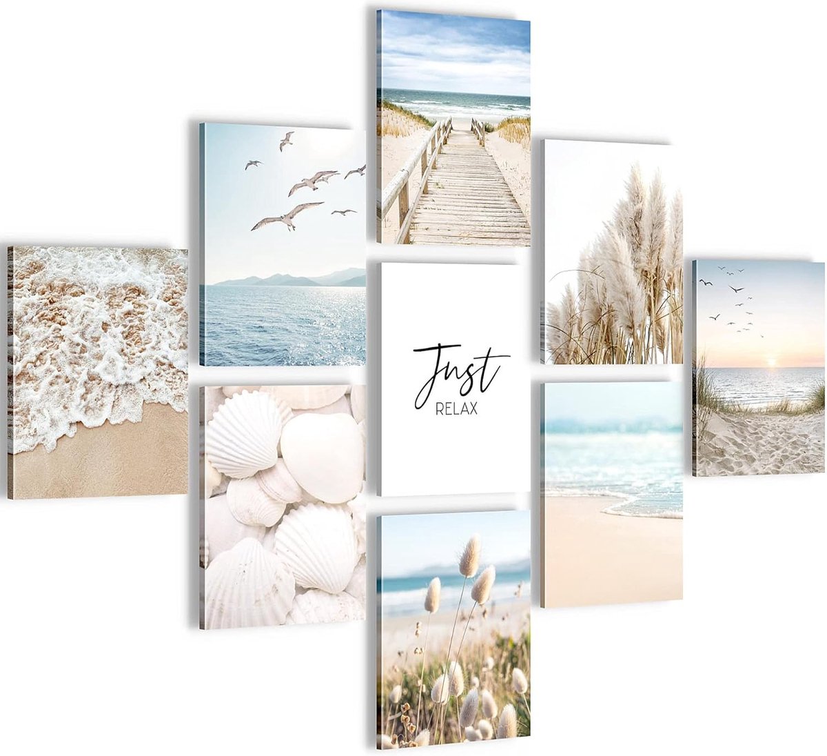 Muurschilderingen Strand en Zee - Muurschilderingen Natuur - Canvas Set 9 stuks - Volledig Klaar om Op te Hangen - Wanddecoratie voor Woon en Slaapkamer - 9 Moderne Sfeerbeelden en Natuurfoto's