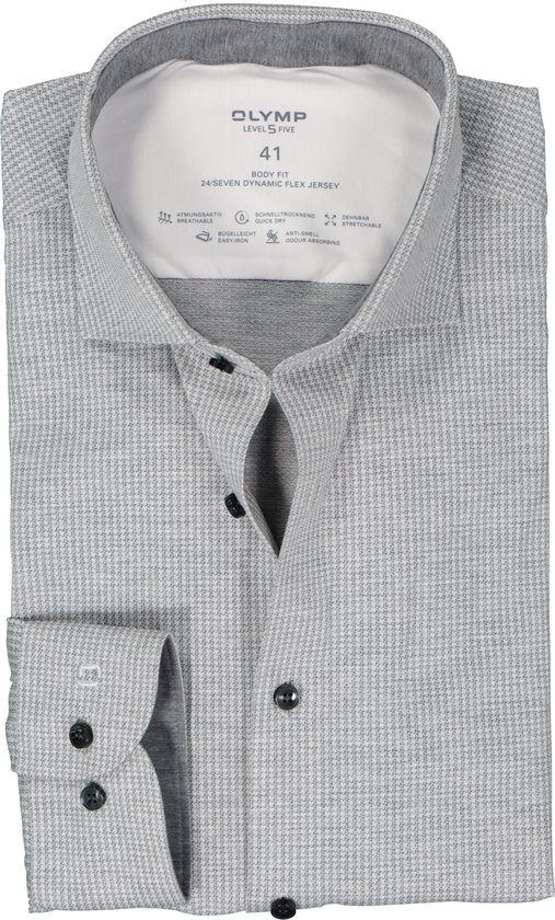 OLYMP 24/7 Level 5 body fit overhemd - mouwlengte 7 - tricot - grijs met wit mini dessin - Strijkvriendelijk - Boordmaat: 40