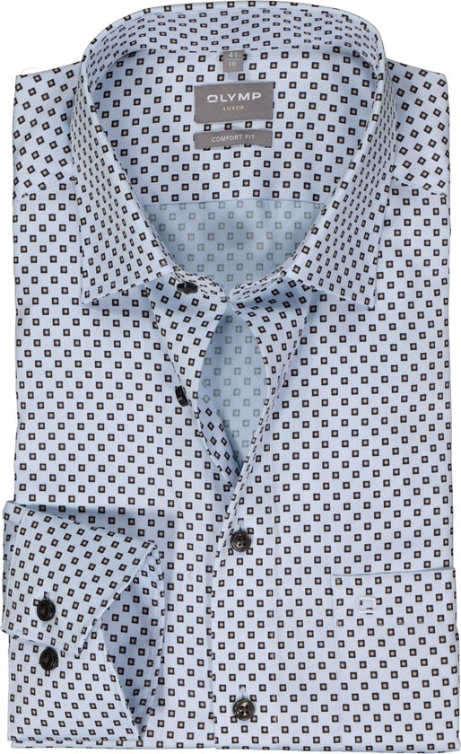 OLYMP comfort fit overhemd - structuur - blauw met beige dessin - Strijkvrij - Boordmaat: 42