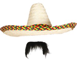 Carnaval verkleed set - Mexicaanse sombrero hoed met plaksnor - naturel - heren