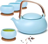 Porseleinen theepot met zeefinzetstuk, 800 ml, houten handvat, mat Japans theeservies van keramiek met 4 kopjes en een rieten onderzetter voor losse thee cadeau / blauw.