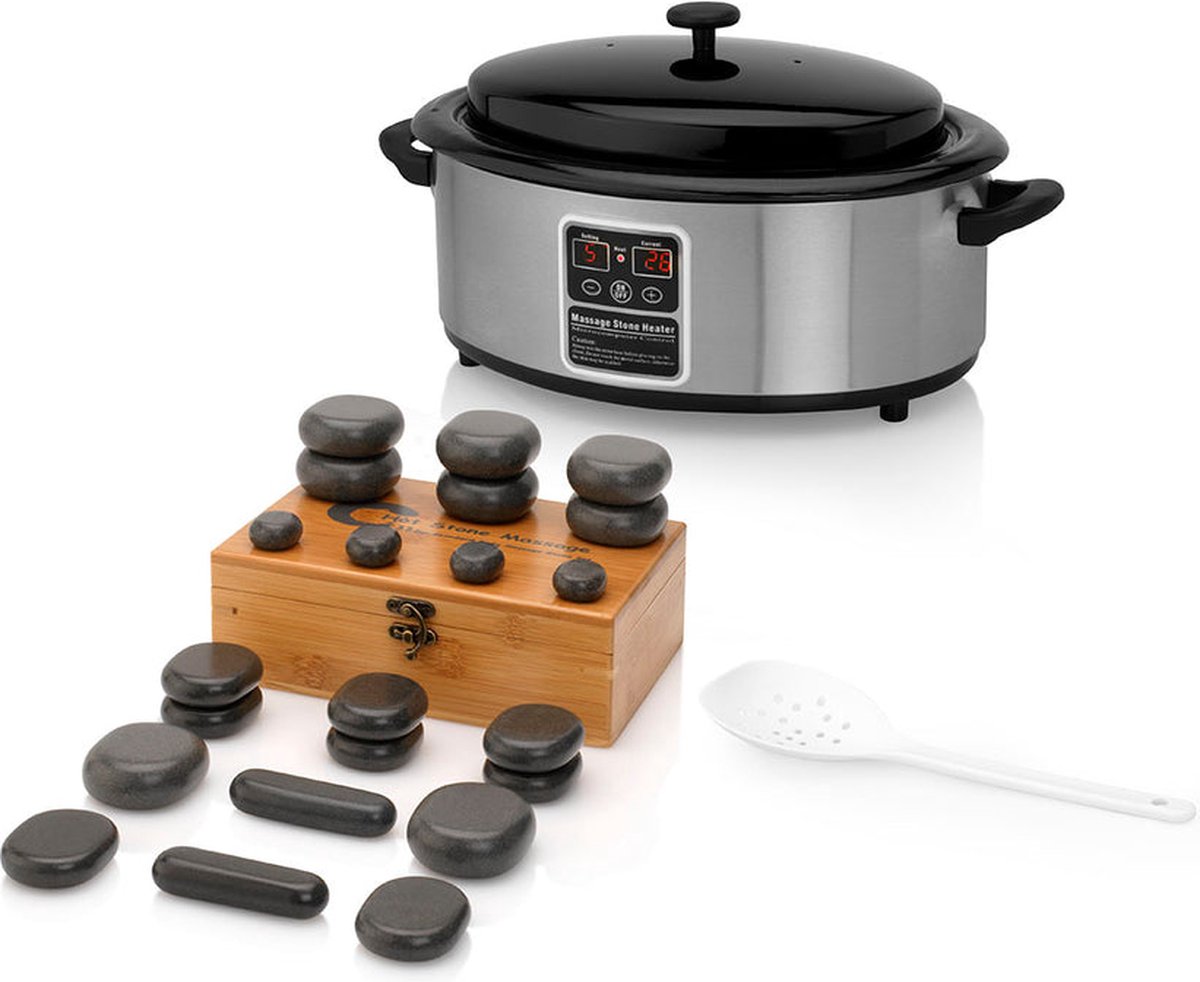 Goedkoopste ZenGrowth® Hotstoneset – 22 Hotstones – 6 Liter Hotstone Heater – Inclusief Houten Lepel – Elektronisch display – Snelle opwarmtijd – Digitale temperatuurregeling – 100 basaltsteen