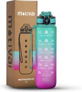 Motivatie Waterfles - Motivai® - Turquoise/Roze - Met Gratis Extra Afsluitklepje - 1 Liter Drinkfles - Waterfles met Rietje - Waterfles met tijdmarkering - BPA Vrij - Volwassenen - Kinderen