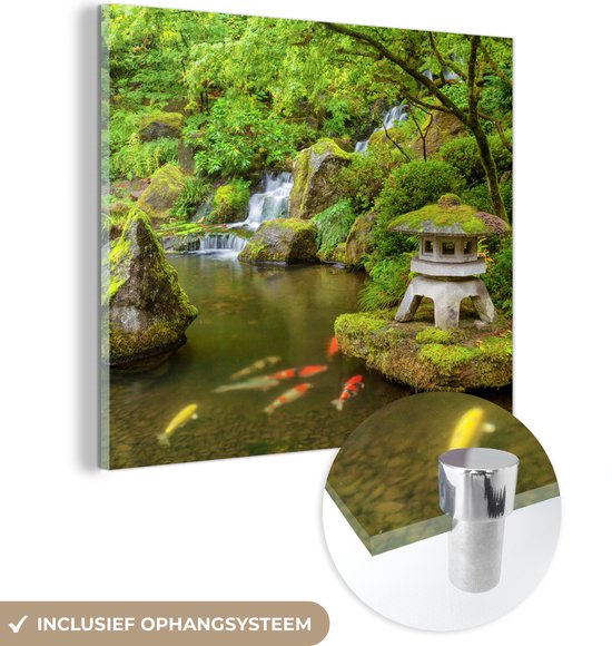 MuchoWow - Glasschilderij - Foto op glas - Acrylglas - Waterval - Koi - Japanse lantaarn - Mos - Water - Natuur - 90x90 cm - Glasschilderij natuur - Woondecoratie - Wanddecoratie