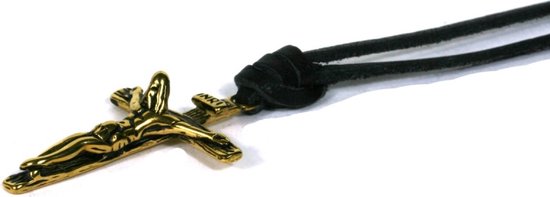 IbizaMen - heren ketting - veter zwart leer vintage - Goud edelstaal crucifex kruis - verstelbaar