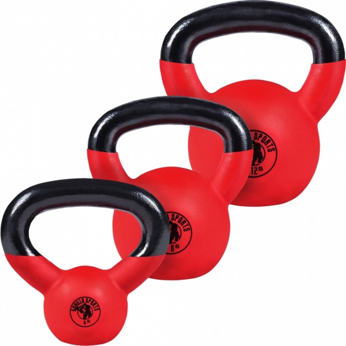 Gorilla Sports Kettlebells - Gietijzer met coating - 4, 8 & 12 kg - Set - Vinyl