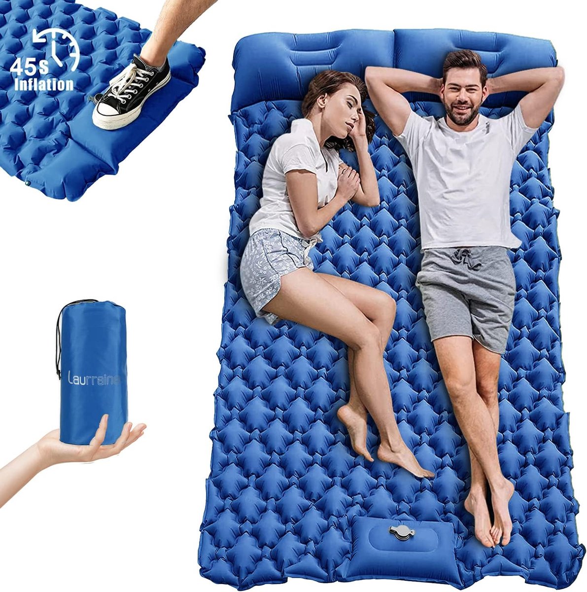 Isomat, zelfopblazend, camping, 198 x 76 cm, isolatiemat, outdoor, 10 cm dik, zelfopblaasbaar luchtmatras, campingmatras voor tent, overnachting, zonnebaden, ontspannen, picknicken (blauw