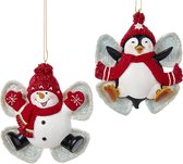 Kurt S. Adler Kerstornament - Winter Sneeuwpop en Pinguin - set van 2 - rood wit - 10cm
