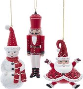Kurt S. Adler Kerstornament - Sneeuwpop Notenkraker Kerstman - set van 3 - rood wit - 12cm