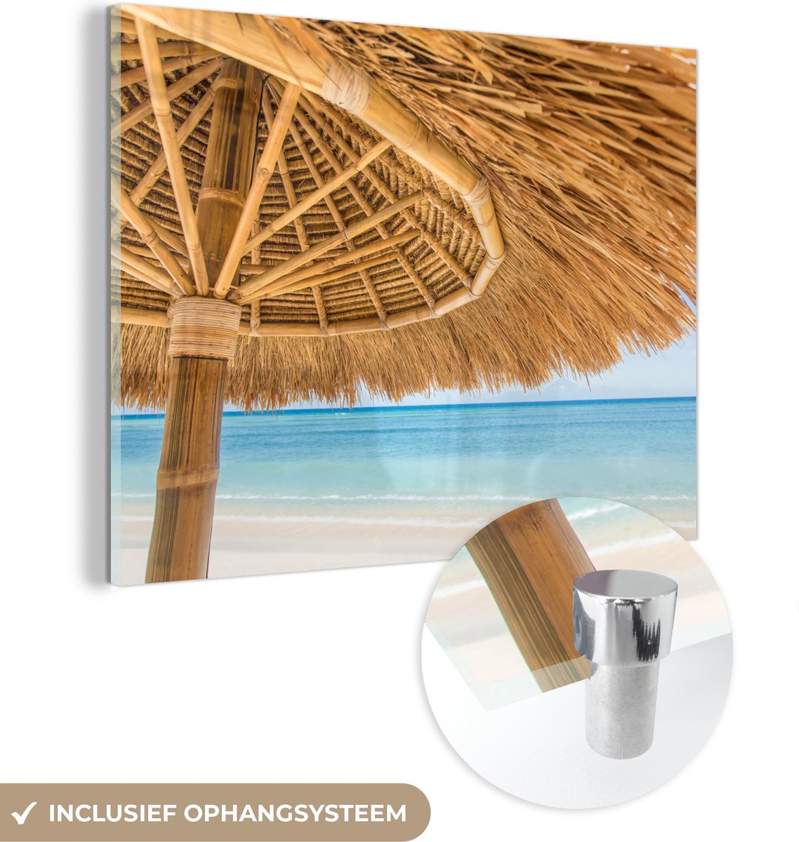 MuchoWow® Glasschilderij 40x30 cm - Schilderij acrylglas - Parasol - Strand - Zee - Tropis