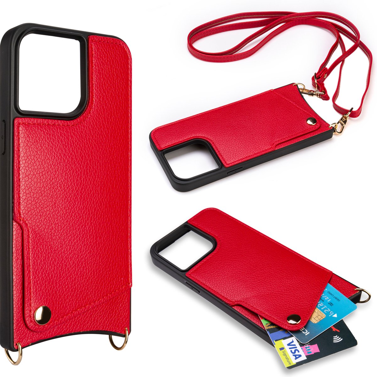 Casemania Hoesje Geschikt voor Apple iPhone 15 Pro - Back Cover met Draagkoord - Pasjeshouder Hoes met Bandje - Crossbody Telefoonhoesje - Lanyard Case - Rood