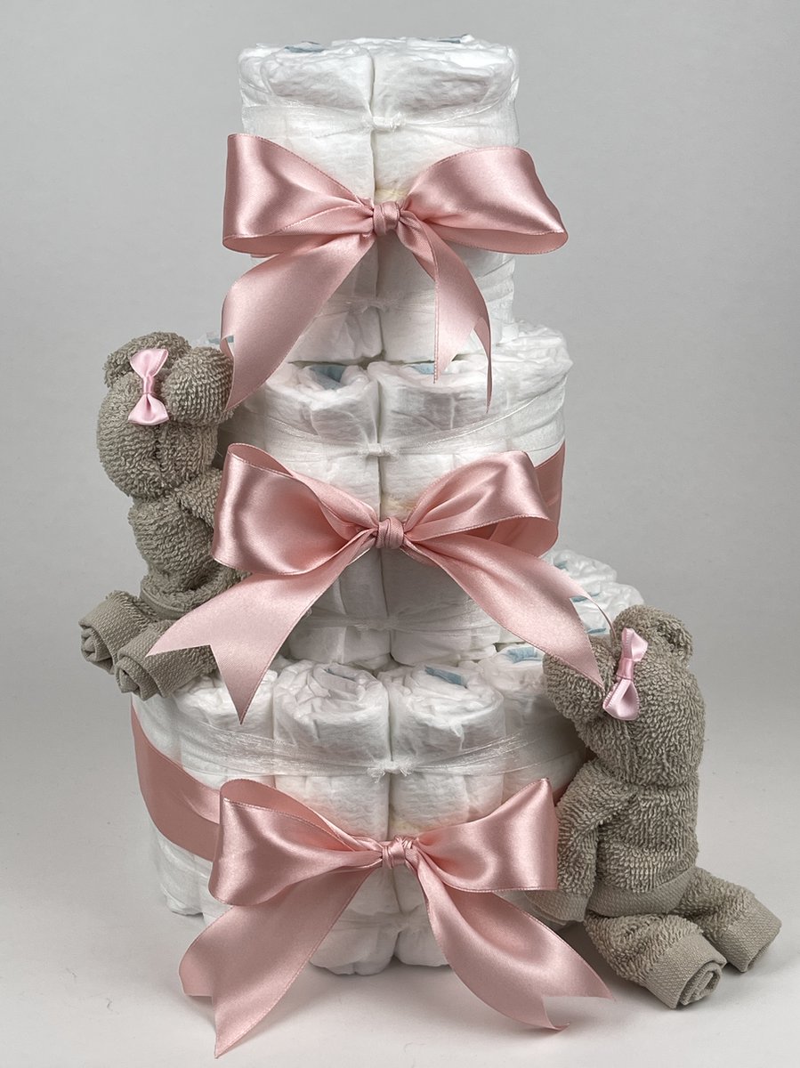 Chouette-Chouette | Luiertaart Meisje | Kraamcadeau | Geboorte Meisje | Babyshower | Beren Cream - donker Poeder Roze