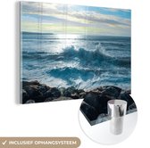 MuchoWow® Glasschilderij 90x60 cm - Schilderij acrylglas - Zee - Stenen - Zon - Foto op glas - Schilderijen