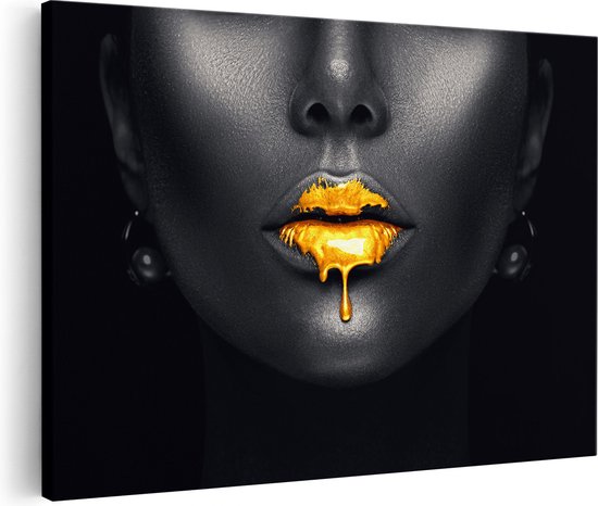 Artaza Canvas Schilderij Vrouw met Gouden Lippen - 120x80 - Groot - Foto Op Canvas - Wanddecoratie Woonkamer