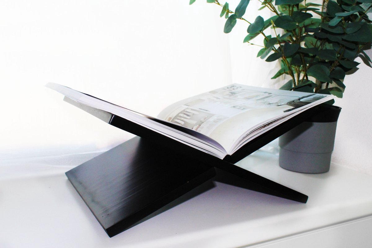 BAMBOAB Boekenstandaard Hout - FSC - Boekenhouder - Houten Boeken steun - 41,5x22x30,5cm - Design - Bamboe - XL - Zwart