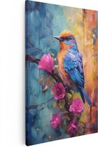 Artaza Canvas Schilderij Vogel op een Tak met Roze Bloemen - 80x120 - Groot - Foto Op Canvas - Wanddecoratie Woonkamer