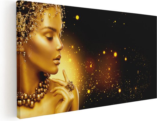 Artaza Canvas Schilderij Gouden Meisje met Juwelen - 100x50 - Foto Op Canvas - Canvas Print - Muurdecoratie