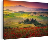 Artaza Canvas Schilderij Rode Bloemenveld in Toscane, Italië - 90x60 - Foto Op Canvas - Canvas Print - Muurdecoratie