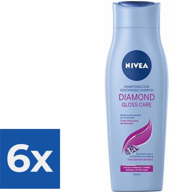 Fles Nivea Diamond Gloss Verzorgende Shampoo, 250ml. Een voordeelverpakking van 6 stuks.