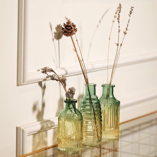 Set van 3 vintage kleine glazen vazen voor tafeldecoratie - Kleurverloop bureaublad bloemenvaas - In reliëf gemaakte knopvaas voor bruiloften, feesten, evenementen decoratieve arrangementen.