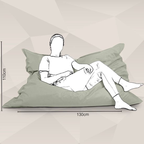 Schematische weergave van lichtgrijze zitzak met afmetingen 110x130cm en zittend figuur.