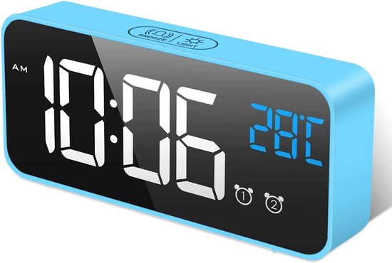 Réveil numérique avec grand affichage de la température LED, alarme miroir portable avec double alarme, variateur d'heure, luminosité réglable sur 4 niveaux, 13 musiques