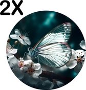 BWK Stevige Ronde Placemat - Witte Vlinder op Witte Bloemen in een Donkere Omgeving - Set van 2 Placemats - 40x40 cm - 1 mm dik Polystyreen - Afneembaar
