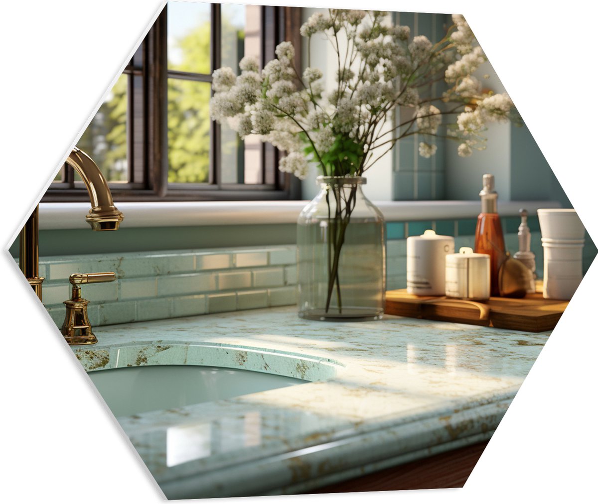 PVC Schuimplaat Hexagon - Keuken - Aanrecht - Wasbak - Bloemen - Raam - Kraan - Marmer - G