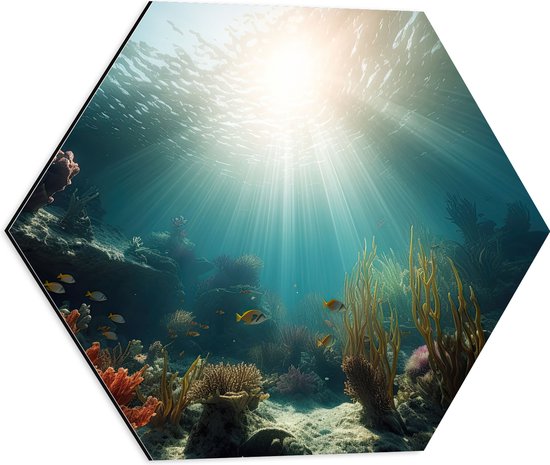 Dibond Hexagon - Zee - Onderwater - Zon - Vissen - Koraal - 50x43.5 cm Foto op Hexagon (Met Ophangsysteem)