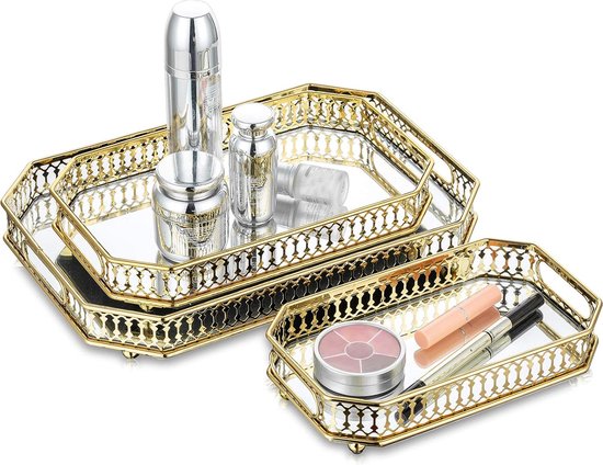 3pcs Gold Mirror Tray Perfume Makeup Organizer Tray, Candle Holder Plate Vanity Tray Drawer Tray Metal Decorative Tray for Living Room Bathroom Bedroom
