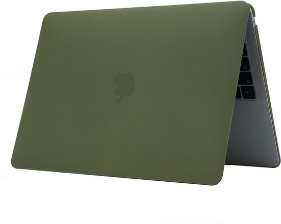 Coque d'ordinateur portable rigide verte avec logo Apple discret, fermée.