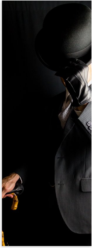 Poster (Mat) - Man - Stok - Hoed - Pak - Handschoenen - 30x90 cm Foto op Posterpapier met een Matte look
