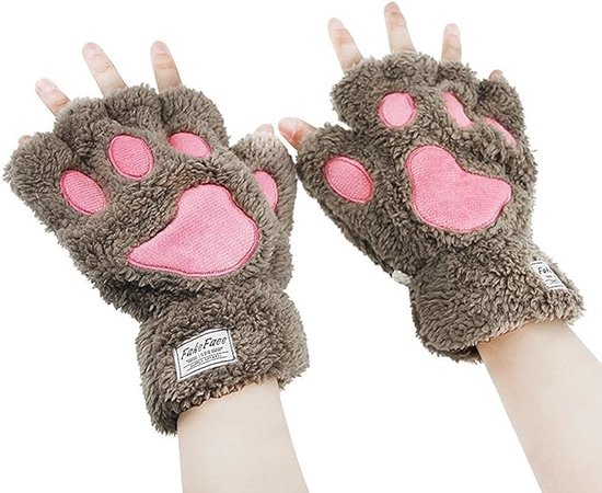 Vingerloze handschoenen winter kat pluche handschoen, Kaki.