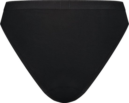 Zwart broekje met hoge taille en brede band, achterkant.