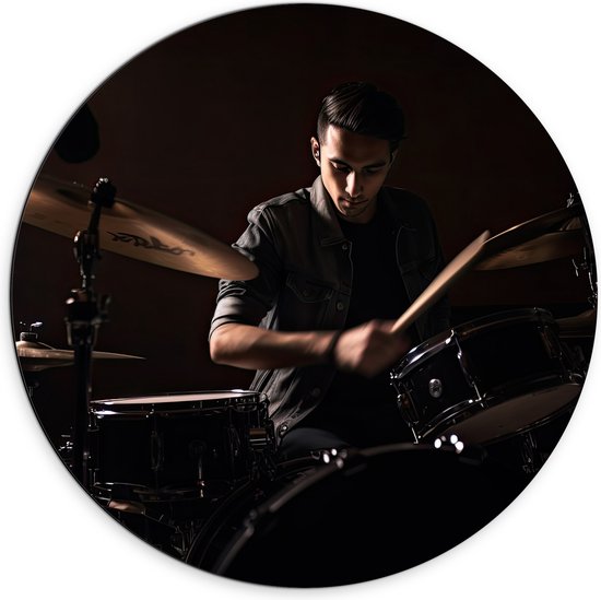 Dibond Muurcirkel - Man - Drummen - Muziek - Donker - Hobby - 70x70 cm Foto op Aluminium Muurcirkel (met ophangsysteem)