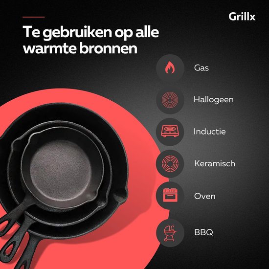 Grillx Gietijzeren Pannenset - 3 stuks - Incl. Siliconen Handvaten - Skillet Cast Iron Pannen - Hapjespan - Koekenpan - Koekenpannenset - BBQ & Inductie Pan