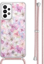 Casimoda® hoesje met rosegoud koord - Geschikt voor Samsung A23 - Floral Hortensia - Afneembaar koord - TPU/acryl - Paars